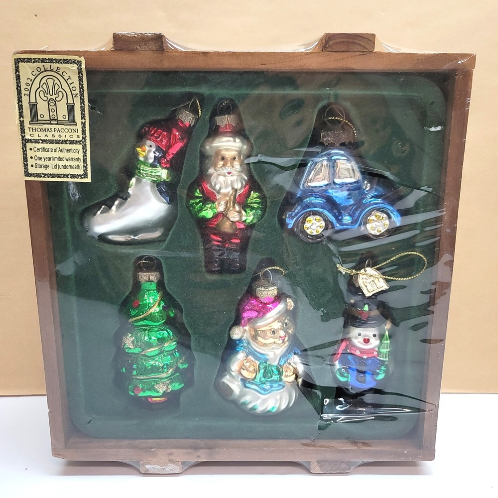 Thomas Pacconi Classics 2002 Glass Christmas Ornaments Set of 6 Wooden Crate
